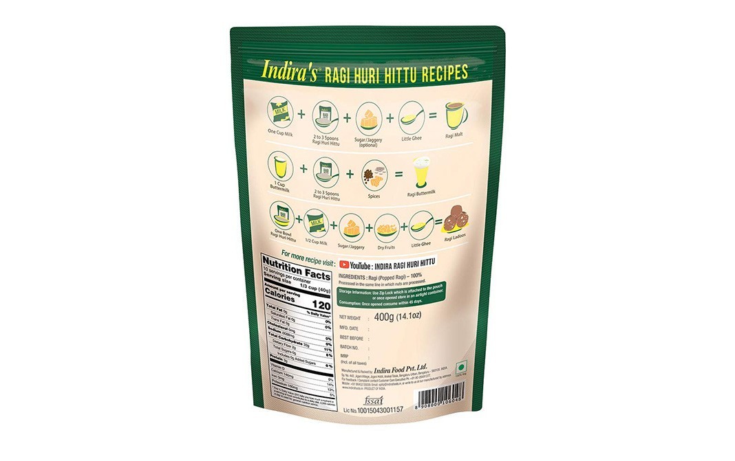 Indira's Ragi Huri Hittu Propped Ragi Powder   Pack  400 grams